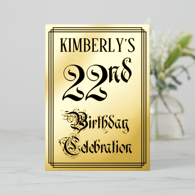 22nd Birthday Party — Elegant Script + Custom Name Foil Invitation (Standing Front)
