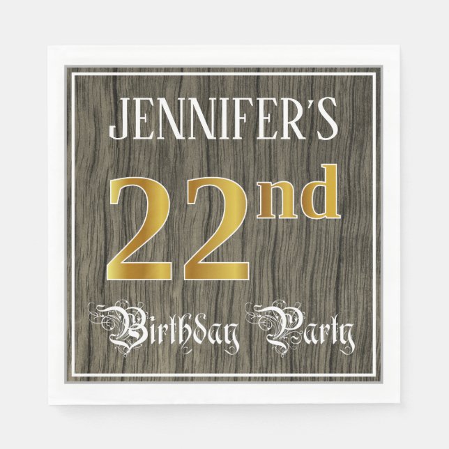 22nd Birthday Party — Faux Gold & Faux Wood Looks Napkins (Front)