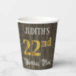 [ Thumbnail: 22nd Birthday Party — Faux Gold & Faux Wood Looks Paper Cups ]