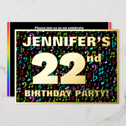 22nd Birthday Party  Fun Colorful Music Symbols Foil Invitation