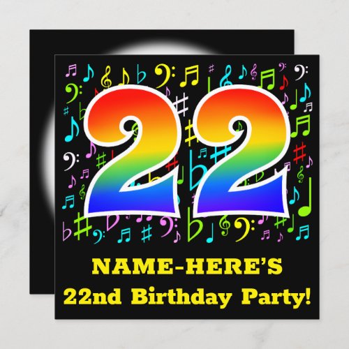 22nd Birthday Party Fun Music Symbols Rainbow 22 Invitation