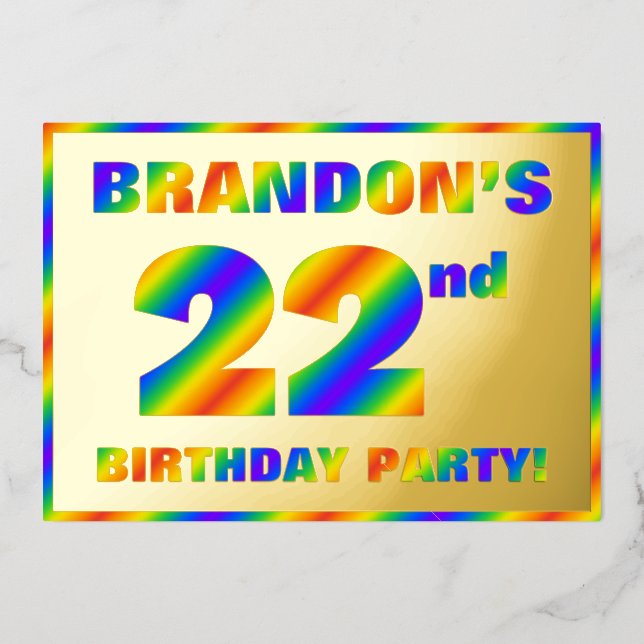 22nd Birthday Party — Fun, Rainbow Spectrum “22” Foil Invitation (Front)