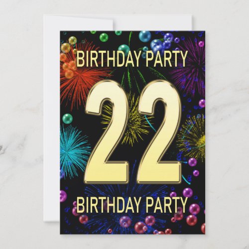 22nd Birthday Party Invitation Fireworks Bubbles