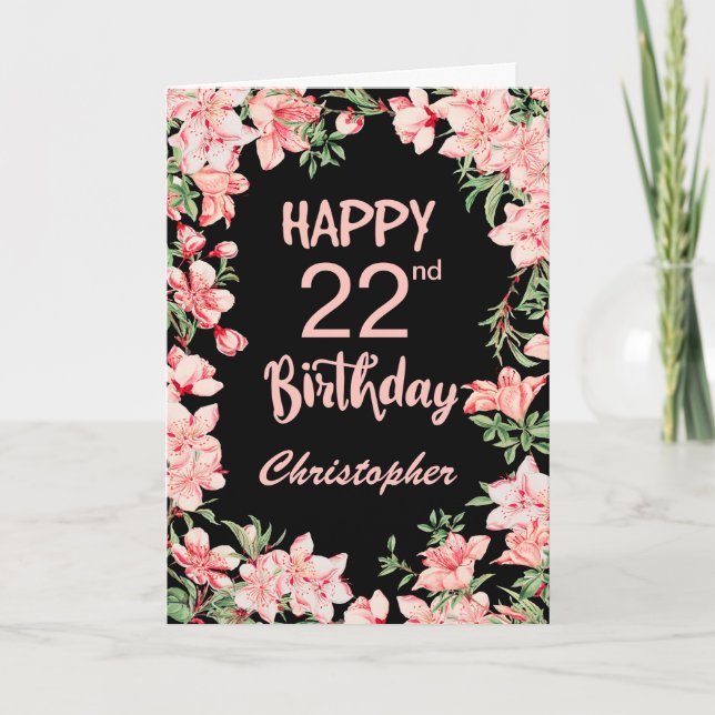 22nd Birthday Pink Peach Watercolor Floral Black Card (Front)