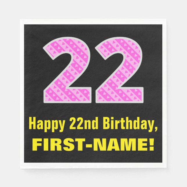 22nd Birthday: Pink Stripes and Hearts "22" + Name Napkins (Front)