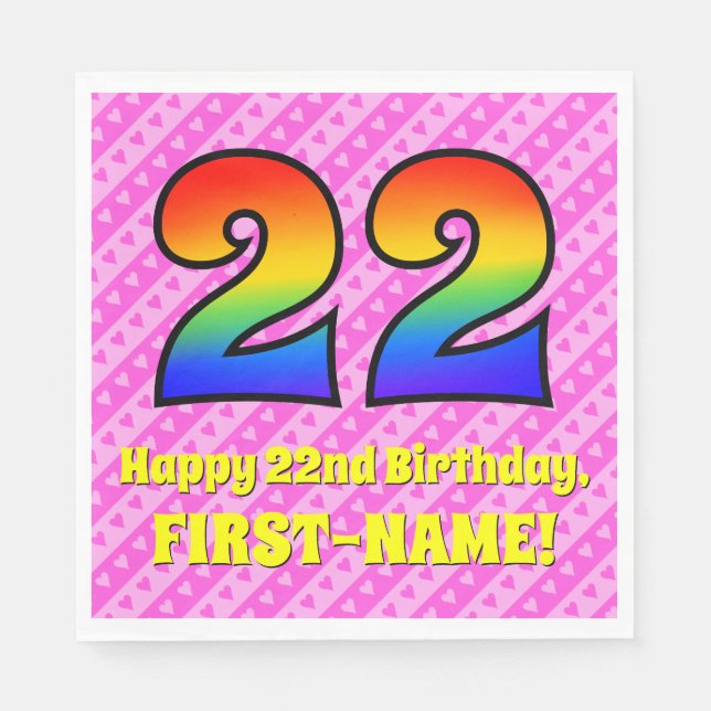 22nd Birthday: Pink Stripes & Hearts, Rainbow # 22 Napkins (Front)