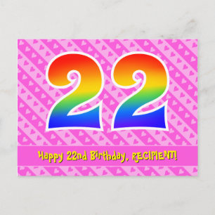 22nd Birthday: Pink Stripes & Hearts, Rainbow 22 Postcard