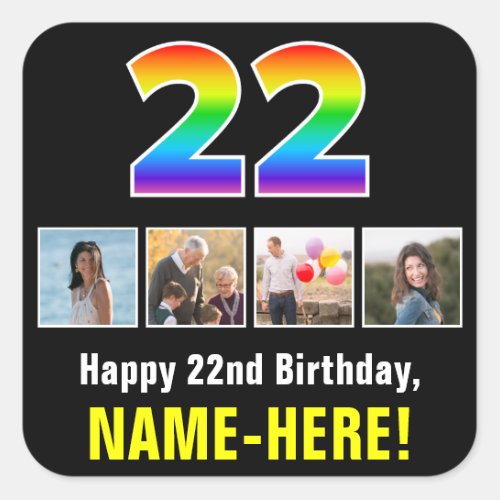 22nd Birthday Rainbow âœ22â Custom Photos  Name Square Sticker