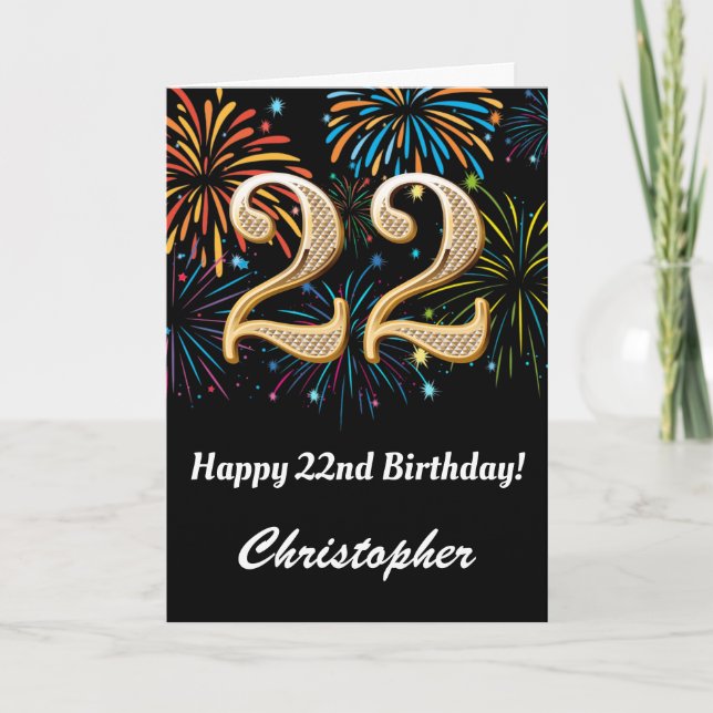 22nd Birthday Rainbow Fireworks Black and Gold Card (Front)