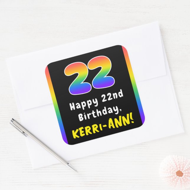 22nd Birthday: Rainbow Spectrum # 22, Custom Name Square Sticker (Envelope)