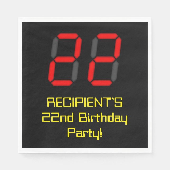 22nd Birthday: Red Digital Clock Style "22" + Name Napkins (Front)