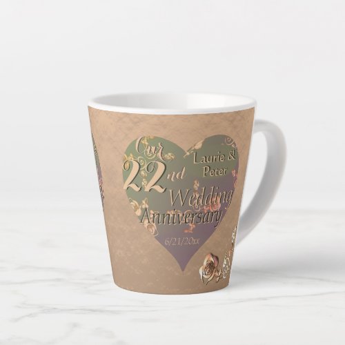 22nd Copper Wedding Anniversary Rose Hearts Latte Mug