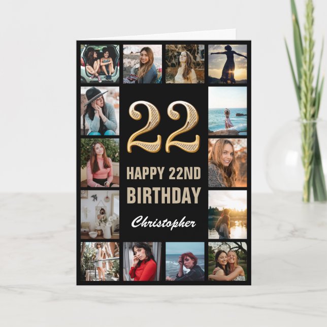 22nd Happy Birthday Black and Gold Photo Collage Card (Front)