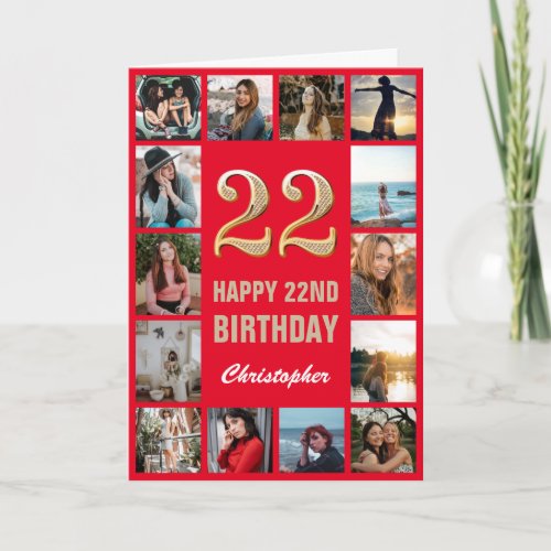 22nd Happy Birthday Red and Gold Photo Collage Card