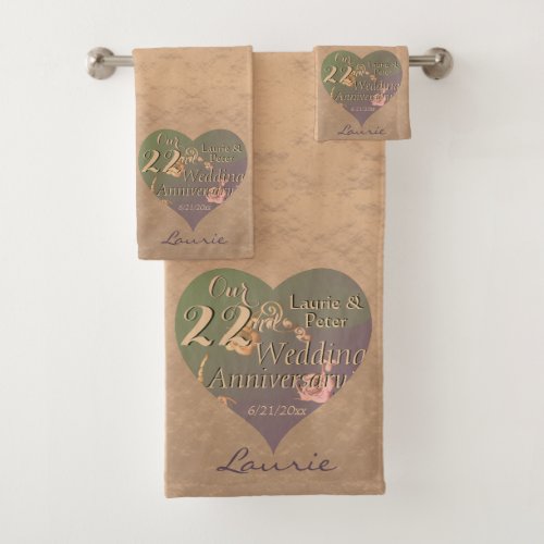 22nd Wedding Anniversary Copper Rose HeartsTowel Bath Towel Set