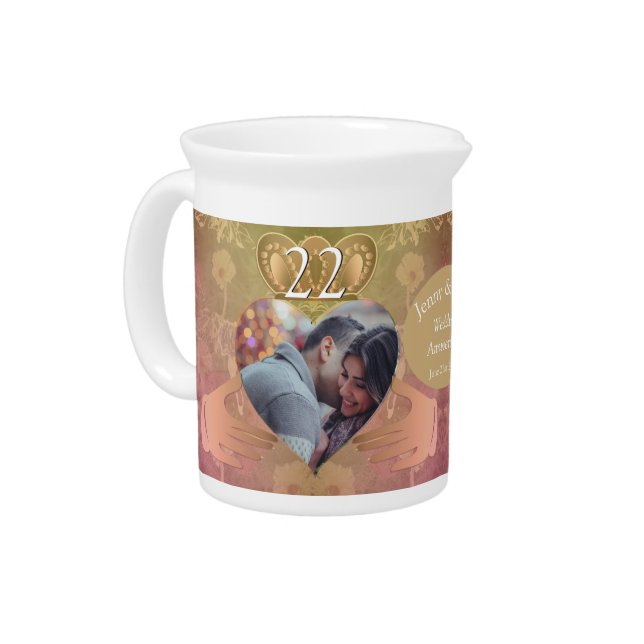 22nd Wedding Anniversary Coppery Claddaugh Photo B Beverage Pitcher (Left)