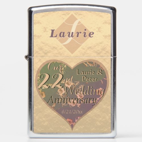 22nd Wedding Anniversary Coppery Heart and Roses Zippo Lighter