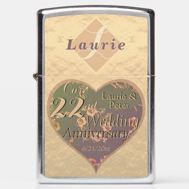 22nd Wedding Anniversary Coppery Heart and Roses Zippo Lighter (Front)