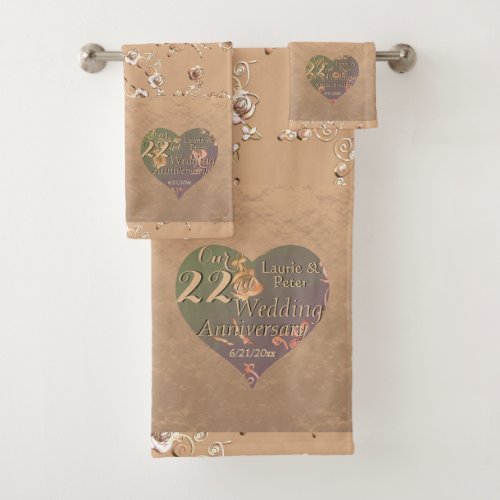 22nd Wedding Anniversary Coppery Heart Rose   Bath Bath Towel Set