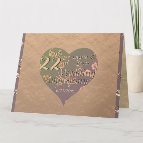 22nd Wedding Anniversary Coppery Heart Rose   Card