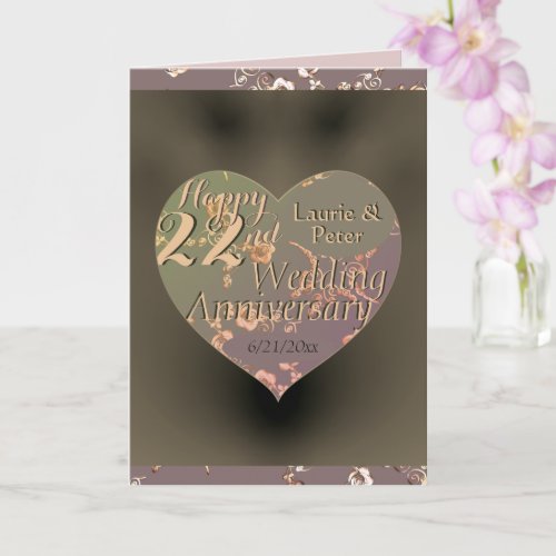 22nd Wedding Anniversary Coppery Heart Rose  Card