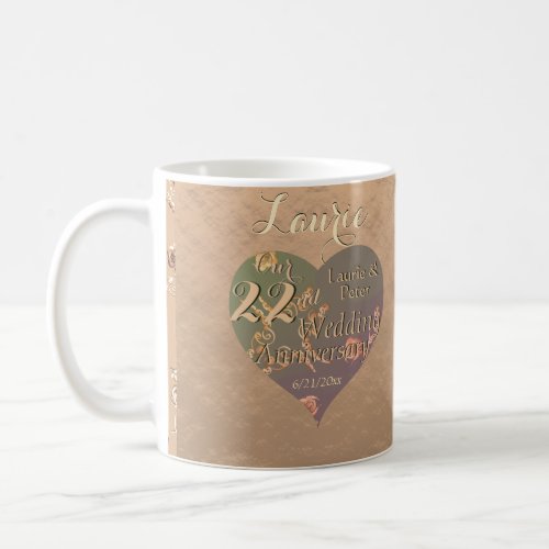 22nd Wedding Anniversary Coppery Heart Rose   Coffee Mug