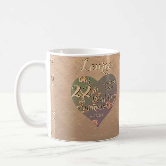 22nd Wedding Anniversary Coppery Heart Rose   Coffee Mug (Left)