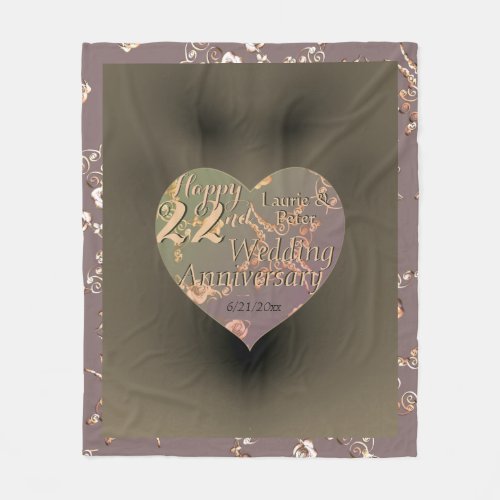 22nd Wedding Anniversary Coppery Heart Rose  Fleece Blanket