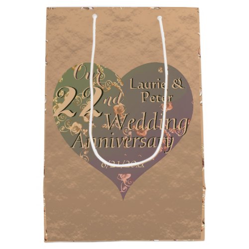 22nd Wedding Anniversary Coppery Heart Rose  Medium Gift Bag