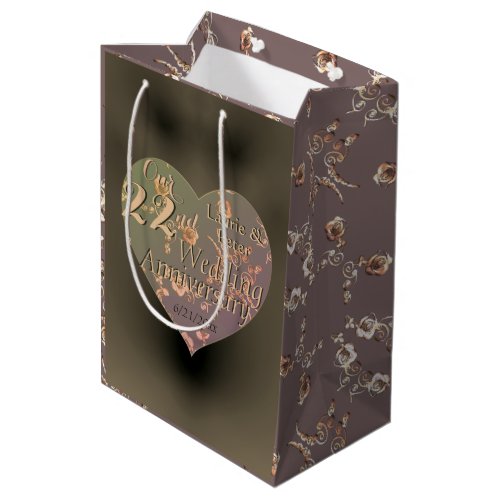 22nd Wedding Anniversary Coppery Heart Rose Medium Gift Bag