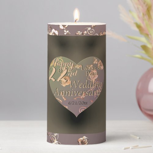 22nd Wedding Anniversary Coppery Heart Rose  Pilla Pillar Candle