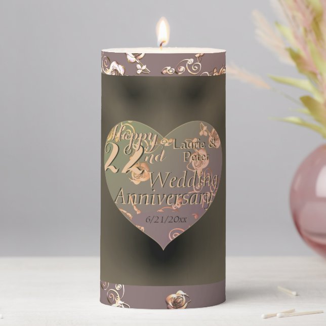 22nd Wedding Anniversary Coppery Heart Rose  Pilla Pillar Candle (In Situ)