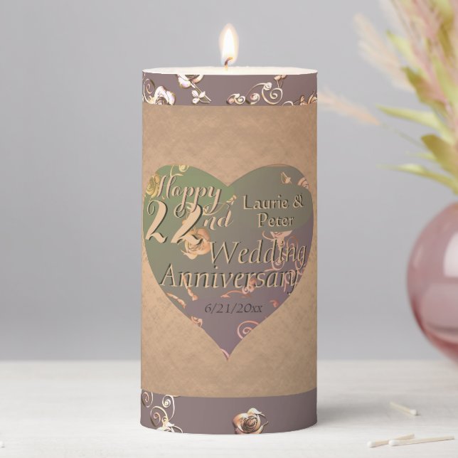 22nd Wedding Anniversary Coppery Heart Rose  Pilla Pillar Candle (In Situ)