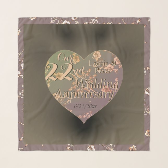 22nd Wedding Anniversary Coppery Heart Rose Scarf (Front)