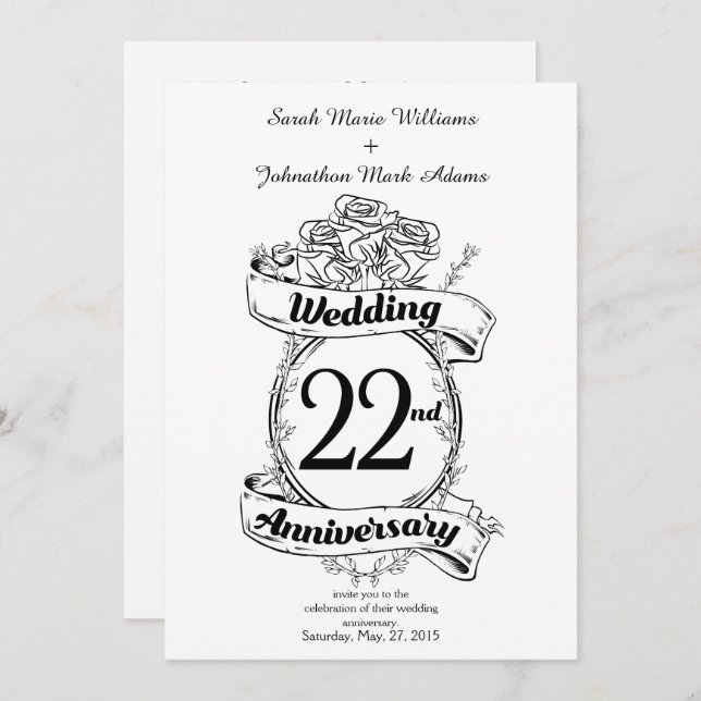 22nd Wedding Anniversary Flowers Invitation (Front/Back)