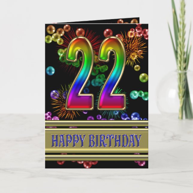 22ndt Birthday with rainbow bubbles and fireworks Card (Front)