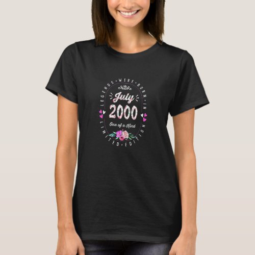 22th Birthday Floral  Legends Born In July 2000 T_Shirt