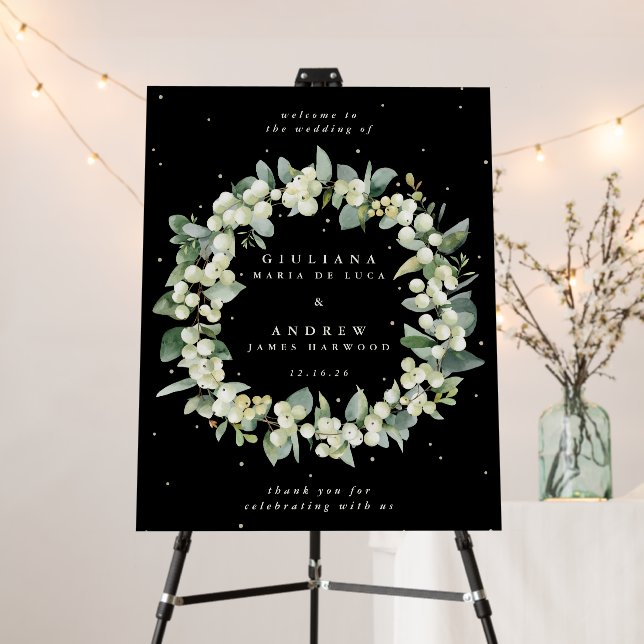 22x28" Black Snowberry+Eucalyptus Wedding Welcome Foam Board (In Situ (Stand))