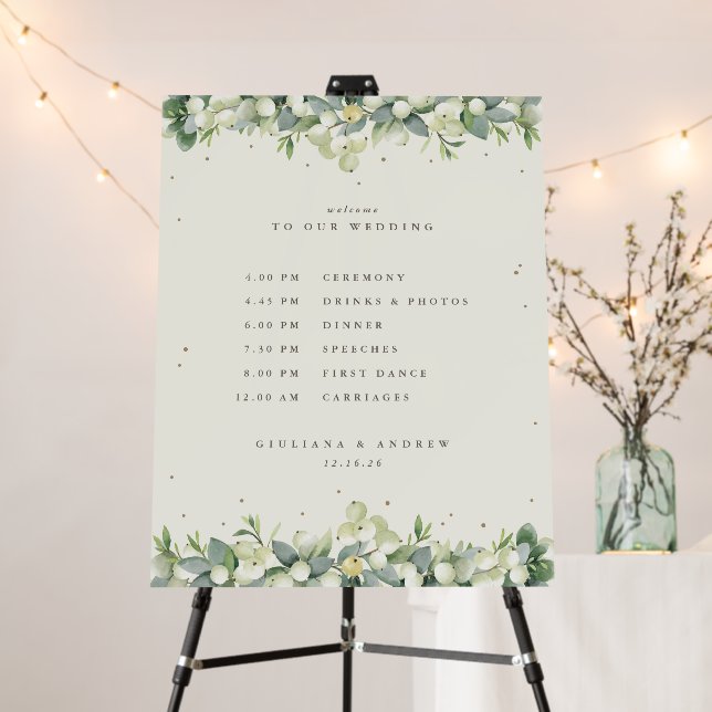 22x28" Cream Snowberry+Eucalyptus Wedding Schedule Foam Board (In Situ (Stand))