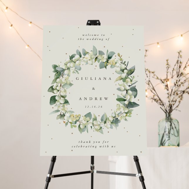 22x28" Cream Snowberry+Eucalyptus Wedding Welcome Foam Board (In Situ (Stand))