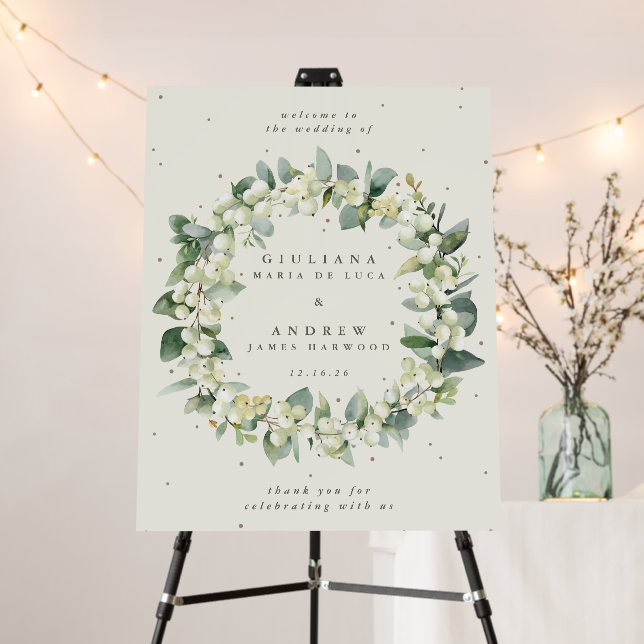 22x28" Cream Snowberry+Eucalyptus Wedding Welcome Foam Board (In Situ (Stand))