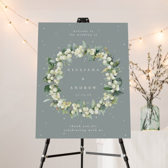 22x28" Green Snowberry+Eucalyptus Wedding Welcome Foam Board (In Situ (Stand))