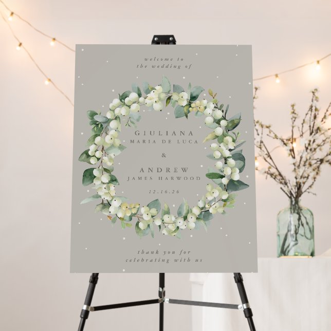 22x28" Greige Snowberry+Eucalyptus Wedding Welcome Foam Board (In Situ (Stand))