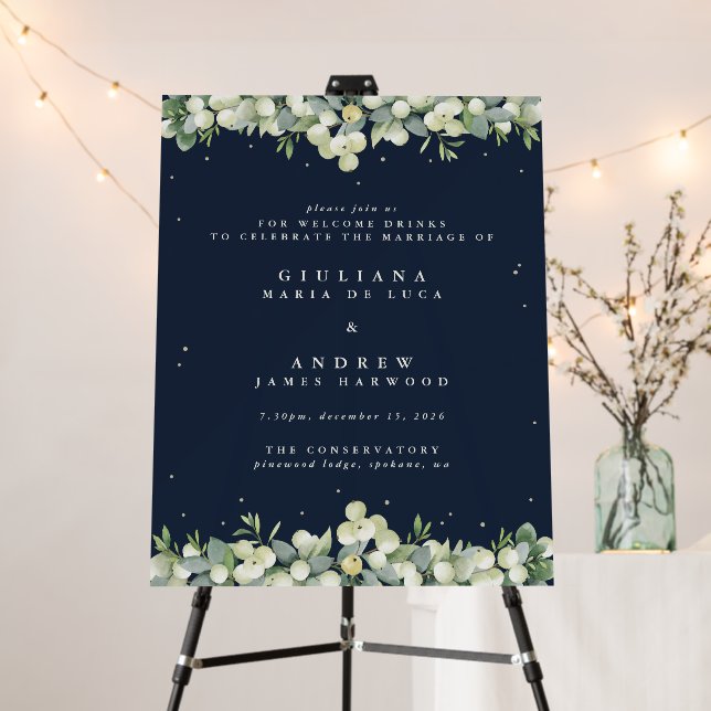 22x28" Navy Snowberry+Eucalyptus Wedding Event Foam Board (In Situ (Stand))