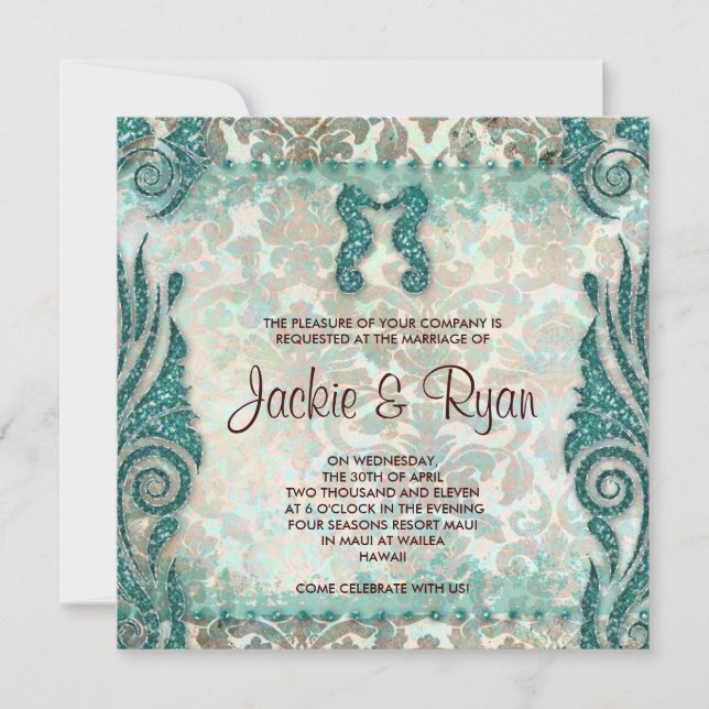 232 Beach Wedding Invitation Seahorse Vintage Teal (Front)