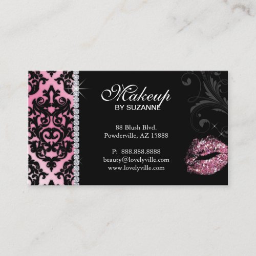 Cosmetologist Business Card Damask Glitter Pink