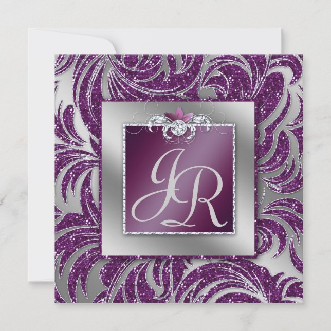 232 Elegant Wedding Leaf Floral Purple Sparkle Invitation (Front)