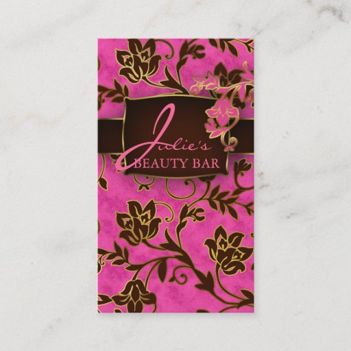 Customizable Floral Beauty Business Cards Gold Trim Pink Brown