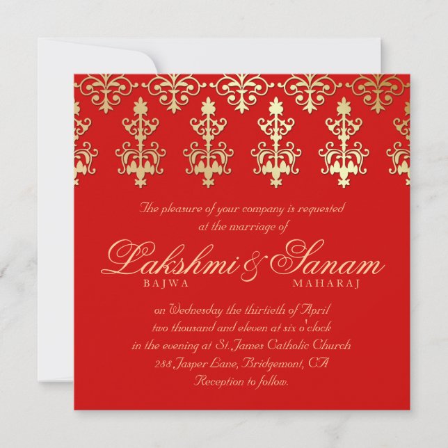 232 Indian Wedding Invite Damask Gold Autumn Red (Front)
