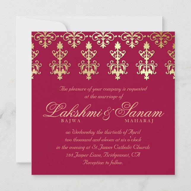 232 Indian Wedding Invite Damask Gold Autumn Wine (Front)